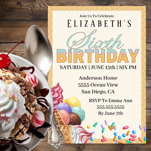 Cute Ice Cream With Sprinkles 6th Birthday Invitation