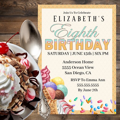 Cute Ice Cream With Sprinkles 8th Birthday Invitation