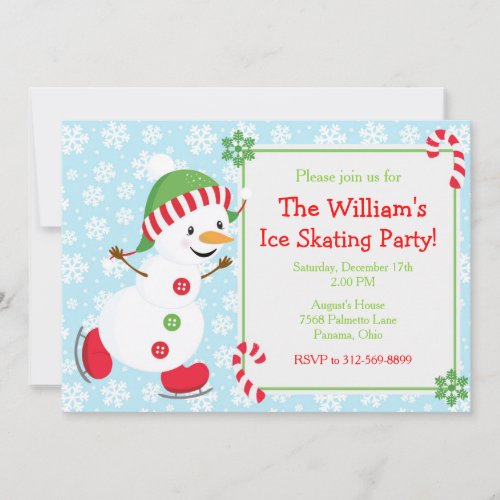 Cute Ice Figure Skating Snowman Christmas Party Invitation