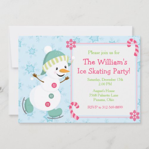 Cute Ice Figure Skating Snowman Christmas Party Invitation