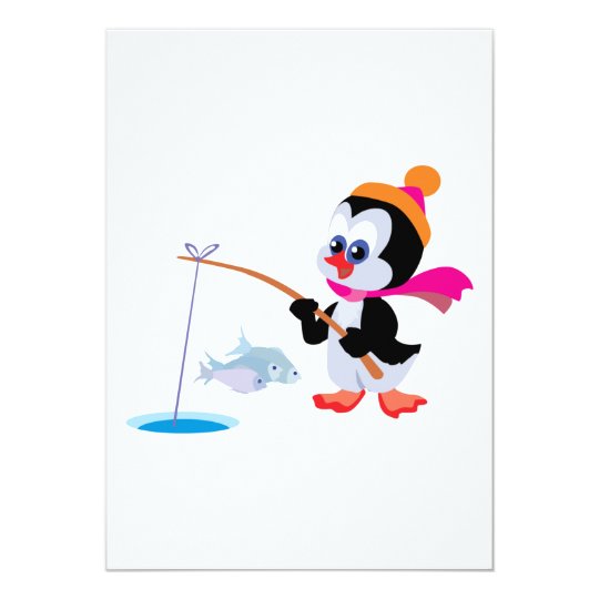 cute ice fishing little penguin card