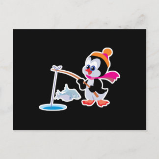 cute ice fishing little penguin postcard