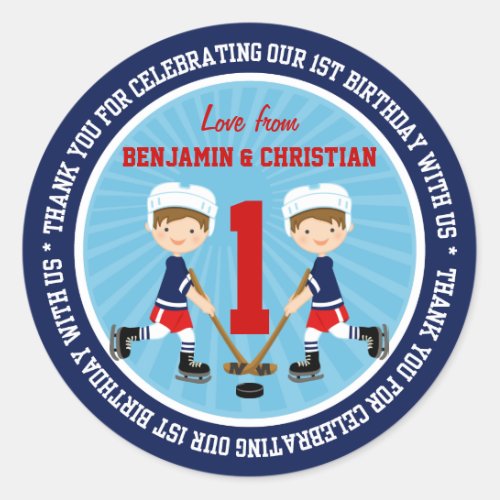 Cute Ice Hockey Twins 1st Birthday Thank You Classic Round Sticker