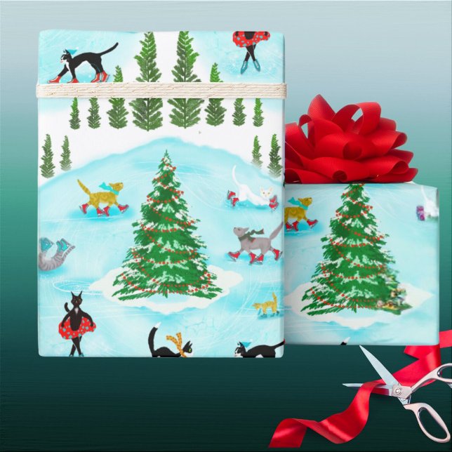 Cute Ice Skating Cats and Christmas Scarves Wrapping Paper (Cute Cats ice skate in winter wonderland fantasy cat Christmas wrap. )