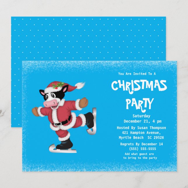 Cute Ice Skating Cow Blue Christmas Party   Invitation (Front/Back)