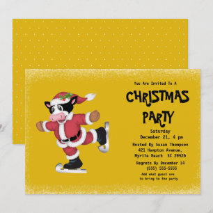 Cute Ice Skating Cow Gold Christmas Party   Invitation