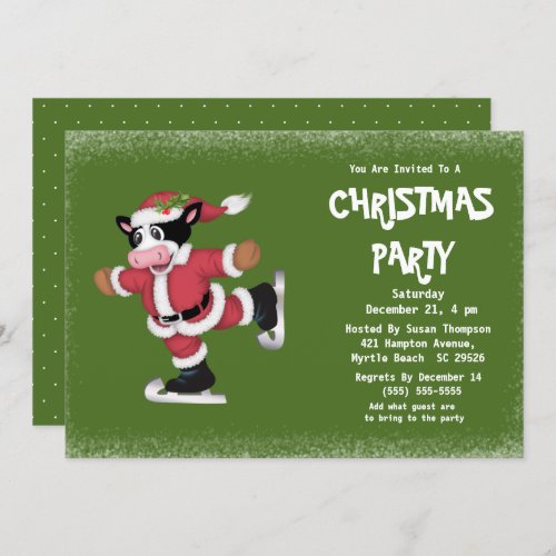 Cute Ice Skating Cow Green Christmas Party   Invitation
