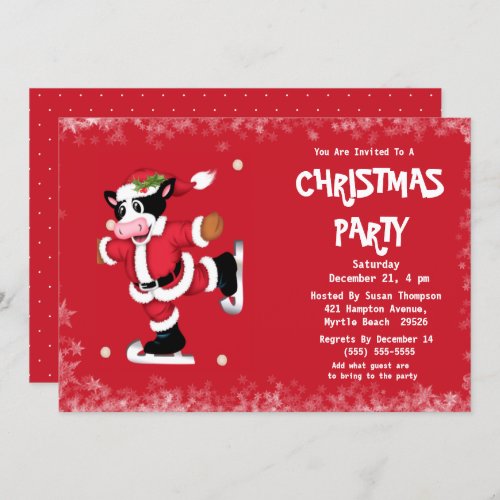 Cute Ice Skating Cow Red Christmas Party   Invitation