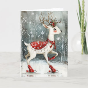 Cute Ice Skating Deer Christmas Holiday Card