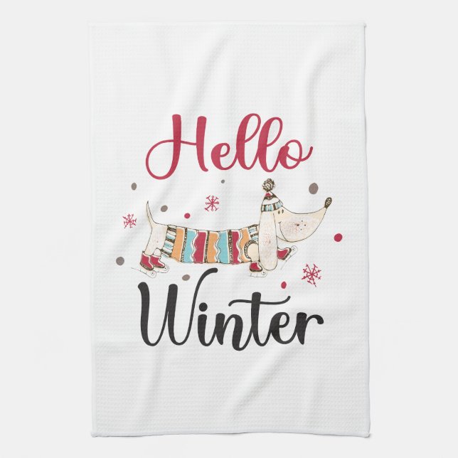 Cute ice skating dog kitchen towel (Vertical)
