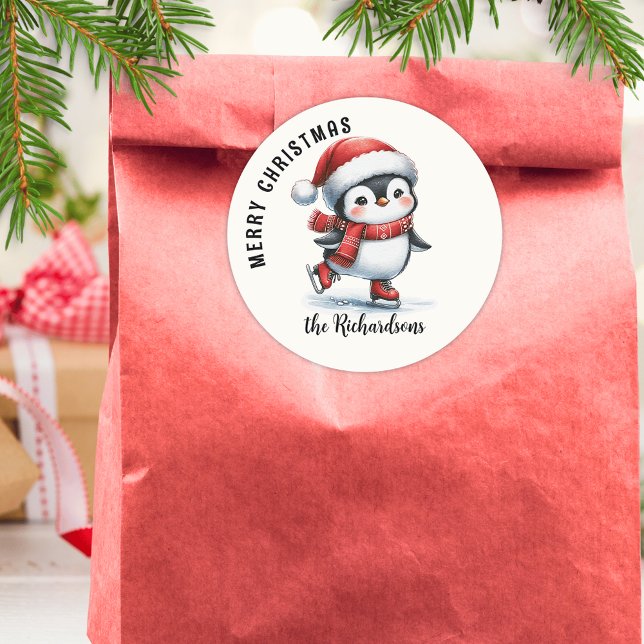 Cute Ice Skating Penguin Custom Merry Christmas Classic Round Sticker (Creator Uploaded)
