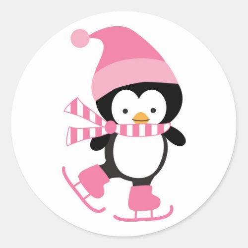 Cute Ice Skating Penguin in Pink Classic Round Sticker