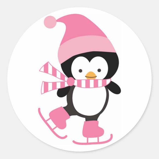 Cute Ice Skating Penguin in Pink Classic Round Sticker (Front)