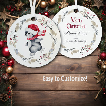 Cute Ice Skating Penguin In Winter Wreath Metal Ornament by SandCreekVentures at Zazzle