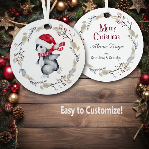 Cute Ice Skating Penguin in Winter Wreath Metal Ornament