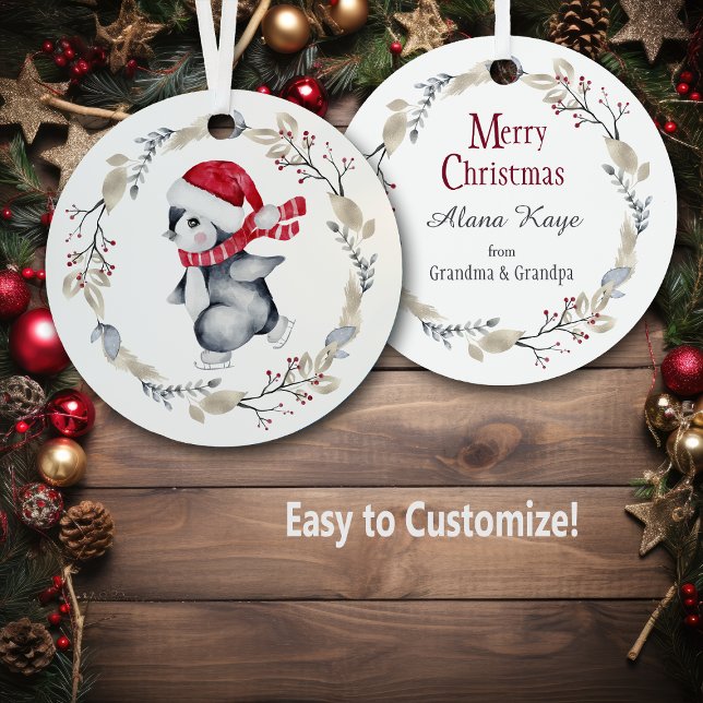 Cute Ice Skating Penguin in Winter Wreath Metal Ornament (Creator Uploaded)