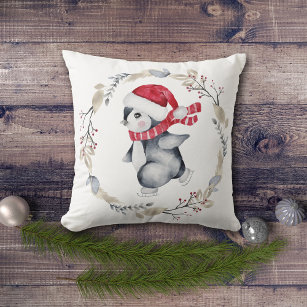 Cute Ice Skating Penguin in Winter Wreath Throw Pillow
