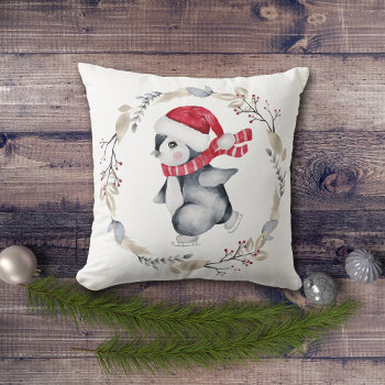 Cute Ice Skating Penguin In Winter Wreath Throw Pillow by SandCreekVentures at Zazzle