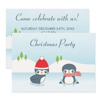 Cute Ice Skating Penguins Christmas Party Invitation