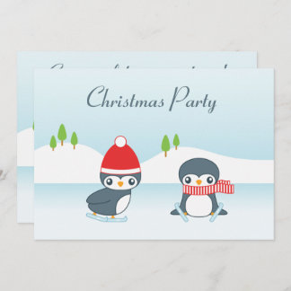 Cute Ice Skating Penguins Christmas Party Invitation