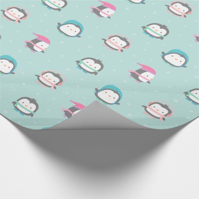 Cute Ice Skating Penguins Christmas Pattern Wrapping Paper (Corner)
