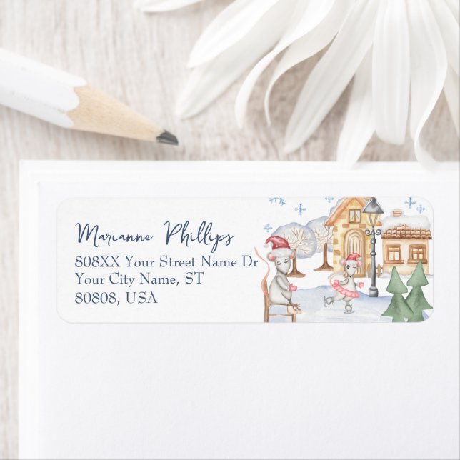 Cute Ice Skating Rats Winter Village Scene Label (Insitu)