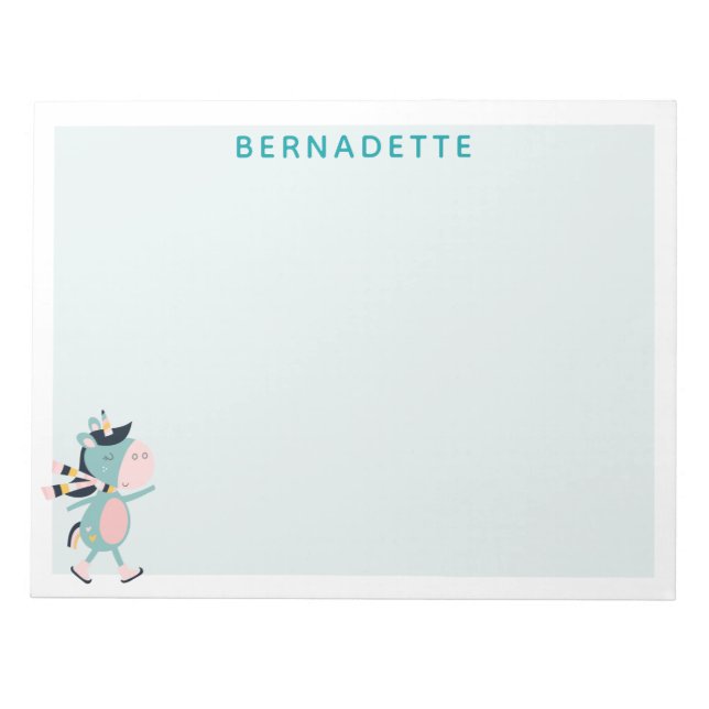 Cute Ice Skating Unicorn Teal Pink Custom Name Notepad (Front)