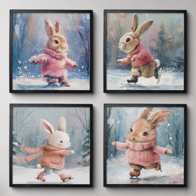 Cute Ice Skating Winter Bunnies Peel And Stick Photo Tile (Front Set)