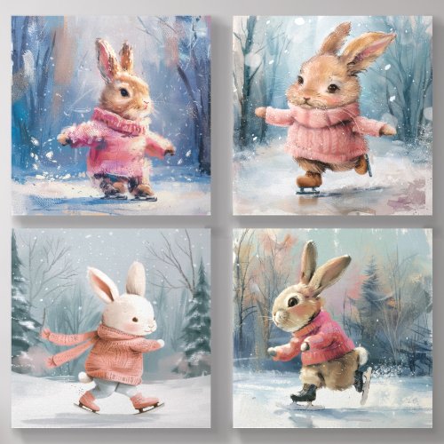 Cute Ice Skating Winter Bunny Rabbits Photo Tiles