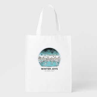Cute Ice Skating Winter Village Scene Snowy Lights Grocery Bag