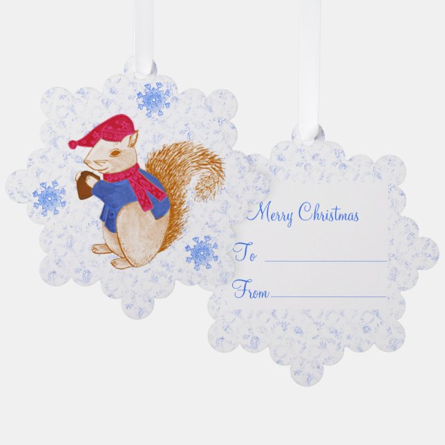 Cute Iceberg Blue Filigree Squirrel Christmas Orna Ornament Card (Front/Back)