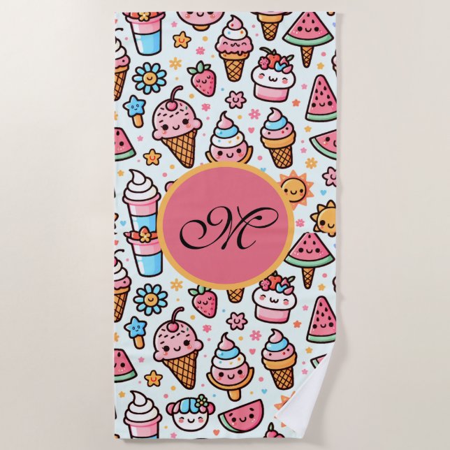 Cute IceCream pattern personalized Monogram summer Beach Towel (Front)