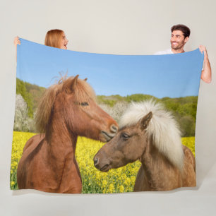 Cute Icelandic Horses Cuddle in a Spring Meadow - Fleece Blanket