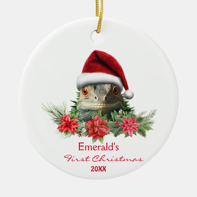 Cute Iguana in Santa Hat Christmas Personalized  Ceramic Ornament (Front)