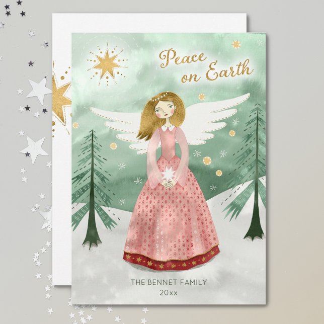 Cute Illustrated Angel Peace on Earth Christmas Holiday Card (Creator Uploaded)