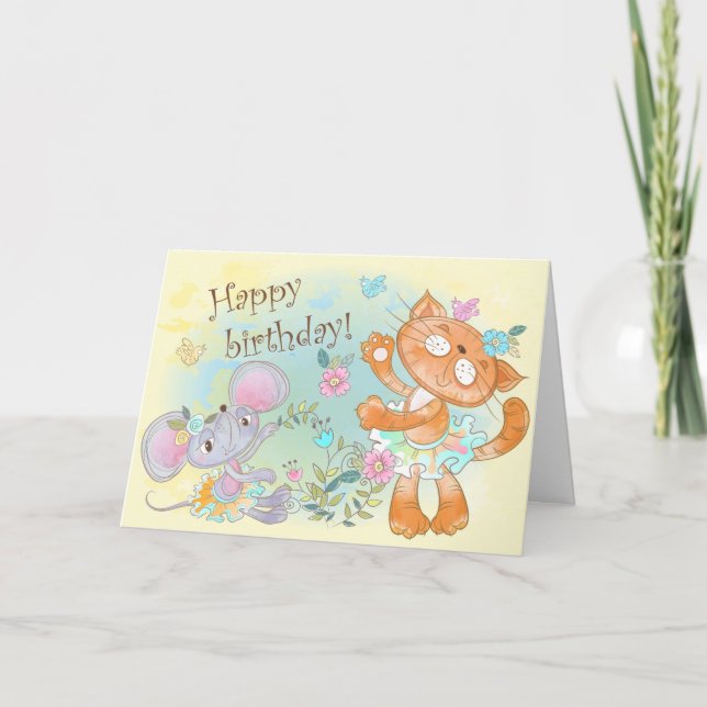 Cute Illustrated Cat and Mouse Happy Birthday Card (Front)