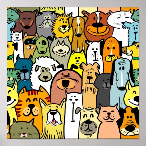 Cute illustrated cats and dogs poster