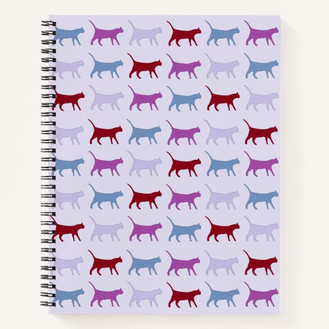Cute Illustrated Cats Walking Purple Pattern Notebook (Front)