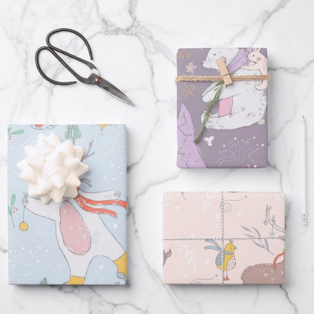 Cute Illustrated Christmas Animals Holiday Wrapping Paper Sheets (Front)