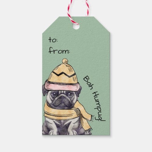 Cute Illustrated Christmas Pug Winter Bah Humpug  Gift Tags