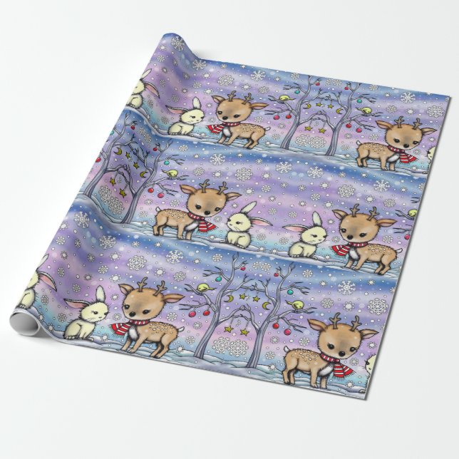Cute Illustrated Deer and Bunny Holiday Giftwrap Wrapping Paper (Unrolled)
