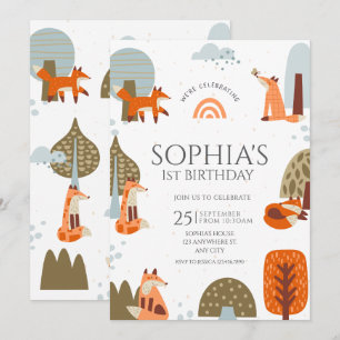 Cute illustrated Fox Forest animal first birthday Invitation