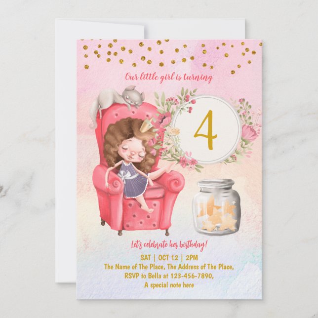 Cute Illustrated Girl Birthday Party Invitation (Front)