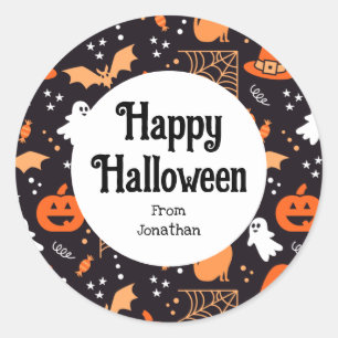 Cute Illustrated halloween characters on black bg Classic Round Sticker