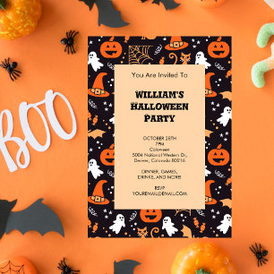 Cute Illustrated halloween characters on black bg Invitation