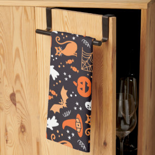 Cute Illustrated halloween characters on black bg Kitchen Towel