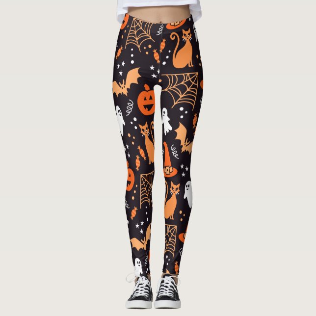 Cute Illustrated halloween characters on black bg Leggings (Front)