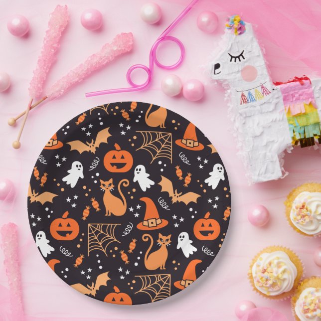 Cute Illustrated halloween characters on black bg Paper Plates (Party)