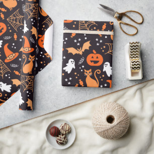 Cute Illustrated halloween characters on black bg Wrapping Paper