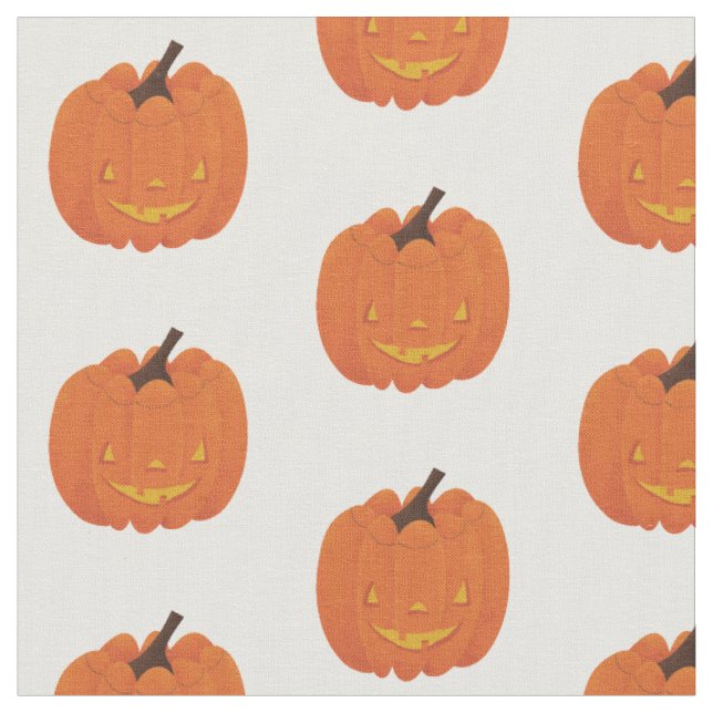 Cute, illustrated jack o' lantern pumpkin fabric (Close Up)